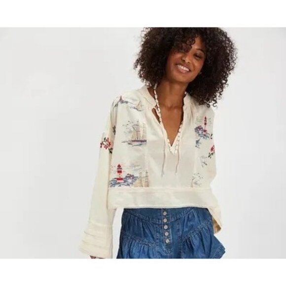 Free People Ships And Sails Embroidered Top Womens L Nautical Floral Boho Chic - Picture 2 of 9